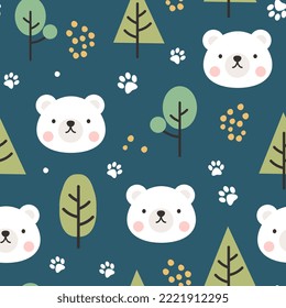 El oso polar blanco azul profundo, los niños de estilo escandinavo fondo de patrón sin fisuras con árboles verdes y huellas animales. Diseño vectorial, tejido e impresión textil para niños de cama.