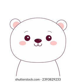 White polar bear face. Black contour doodle silhouette. Kawaii animal. Cute cartoon character. Funny baby with eyes, nose, ears pink cheeks. Love Greeting card. Flat design. White background. Vector