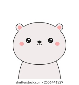 White polar bear face. Black contour doodle silhouette. Kawaii animal. Cute cartoon character. Funny baby with eyes, nose, pink ears, cheeks. Love Greeting card. Flat design. White background. Vector