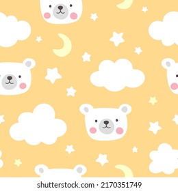 White polar bear face with clouds and stars. Cute yellow pajama print