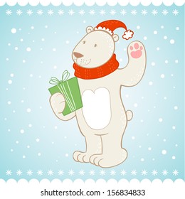 White polar bear with gift box Christmas greeting card