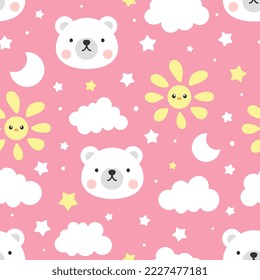 White polar bear girly pink sky seamless pattern background, kids cute woodland animals with clouds and stars fabric and textile print. Decor element design.