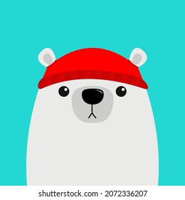White polar bear head face. Red hat. Merry Christmas. Happy New Year. Greeting card. Cute cartoon kawaii baby character. Funny animal. Flat design. Hello winter. Blue background. Vector illustration