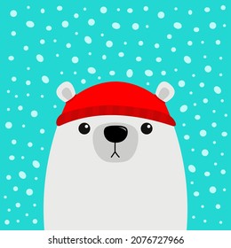 White polar bear head face. Red hat. Merry Christmas. Happy New Year. Greeting card. Cute cartoon kawaii baby character. Funny animal. Flat design. Hello winter. Blue snow background. Vector
