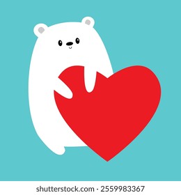 White polar bear holding big red heart. Happy Valentines Day. Kawaii head face. Cute cartoon funny animal character. Love card. Childish style. Flat design. Blue background. Isolated. Vector