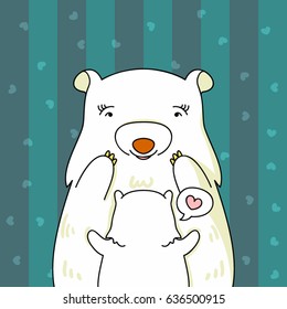 White polar bear kid hug mom, love mom, cartoon illustration