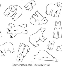 White polar bear line seamless pattern. Outline vector illustrations of forest animal on white background.