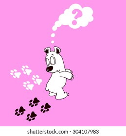 White polar bear looking on the footprints vector illustration for cards, backgrounds