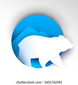 White polar bear on blue circle with ice mountain in paper cut trendy craft cartoon style. Minimalistic creative modern design for branding background card, cover, poster, banner. Vector illustration.