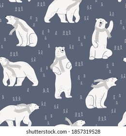 White polar bear on blue background. Cute minimalistic seamless pattern
