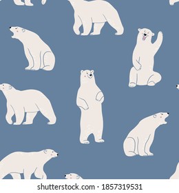 White polar bear on blue background. Cute minimalistic seamless pattern