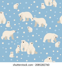 White polar bear on blue background. Cute minimalistic seamless pattern. Cute seamless pattern with winter polar bear and snowflakes. Mother and her child. 