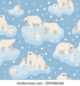 White polar bear on blue background. Cute minimalistic seamless pattern. Cute seamless pattern with winter polar bear and snowflakes. Mother and her child. 