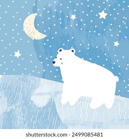 White polar bear on ice at winter night scenery, cute peaceful vector illustration with watercolor texture.