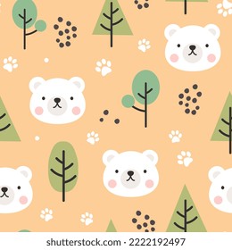 White polar bear pastel yellow, kids scandinavian style seamless pattern background with green trees and animal footprints. Bedding children vector design, fabric and textile print.