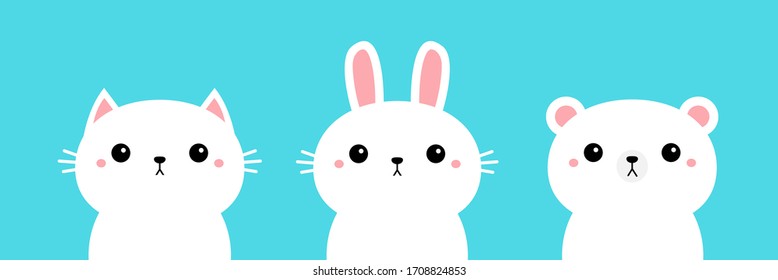White polar bear, rabbit, bunny, cat, kitty, kitten. Kawaii cartoon character set. Cute funny head face. Baby greeting card template. Notebook cover, tshirt. Blue background Flat design. Vector