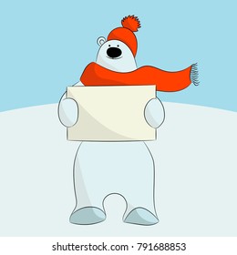 White polar bear in red cap and scarf smiling and holding a banner with place for text in the North in the snow