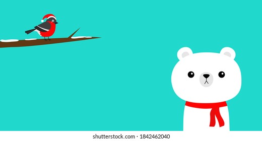 Oso polar blanco con bufanda roja. Pajarito maullido en brunch de árbol de nieve. Feliz Navidad. Hola invierno. Caricatura educada del personaje de un bebé kawaii. Feliz Año Nuevo. Animales del Ártico. Diseño plano. Fondo azul. Vector