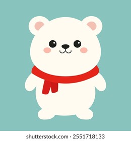 White polar bear in red scarf. Cute kawaii cartoon baby character. Funny smiling face. Merry Christmas. Greeting Card, sticker print. Childish style. Green background. Flat design. Vector illustration