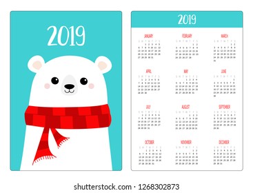 White polar bear. Red winter scarf. Simple pocket calendar layout 2019 new year. Week starts Sunday.  Vector