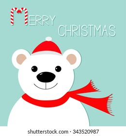 White polar bear in Santa Claus hat and scarf. Candy cane. Merry Christmas Greeting Card. Blue background. Flat design Vector illustration