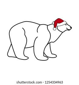 White polar bear in Santa's red hat. White background. Vector.