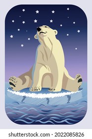 A white polar bear sits on an ice floe and looks at the starry sky. Vector graphics. Christmas card.