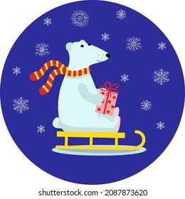 White polar bear sits on a sled with a gift. Winter season, Christmas. Polar Bear Day. Night sky with snowflakes. Vector illustration with isolated background.