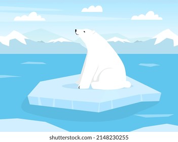 White Polar Bear Sitting on Ice Plate Vector Illustration