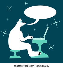 White polar bear sitting on a chair at a table and writes to a laptop and talking.
