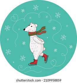 El oso polar blanco está patinando. Día del Oso Polar. Caricatura animal ártica en una bufanda. Ilustración vectorial con fondo aislado.