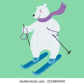 White polar bear in skis. Winter sport. Colorful vector illustration in a cute flat style. Vector illustration design.