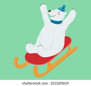 The white polar bear is sledding. Winter sport. Colorful vector illustration in a cute flat style. Vector illustration design.