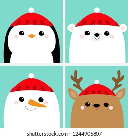 White polar bear Snowman Raindeer Deer Penguin bird face head icon set. Merry Christmas. New Year. Cute cartoon funny kawaii baby character. Greeting card. Flat design Blue background. Vector
