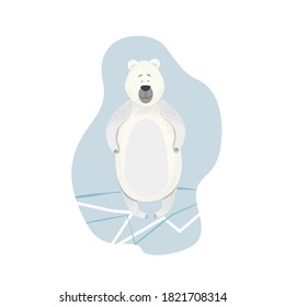
White polar bear standing on ice, cute bag, wild animals, winter illustration, vector illustration in cartoon style, isolated object on a white background.