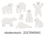 White polar bear stands on paws, lying. Baby White polar bear set. Flat vector illustration of North animal.