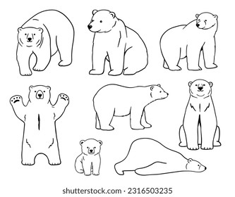 White polar bear stands on paws, lying. Baby White polar bear line sketch set. Outline vector illustration of forest animal. svg