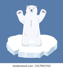 El oso polar blanco está de pie sobre las patas en el suelo de hielo. Ilustración de dibujos animados planos vectores. Animal del norte.