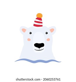 White polar bear swims in the sea. Bear head in a hat with a pom-pom. Cute baby illustration
