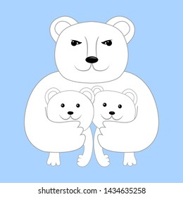 White polar bear with two cubs, cartoon vector illustration