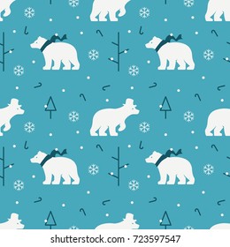 white polar bear using hat and scarf with winter snow flakes and christmas tree seamless vector pattern background
