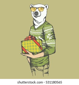 White polar bear vector illustration. White polar bear in human sweatshirt with gift