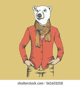 White polar bear vector illustration in human suit