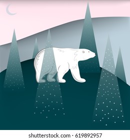 Oso polar blanco caminando en un bosque de pinos cubierto de nieve. Ilustración del vector abstracto