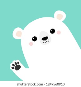 White polar bear waving hand paw print. Cute cartoon funny kawaii baby character. Merry Christmas Greeting Card. Flat design. Blue background. Greeting card. Vector illustration