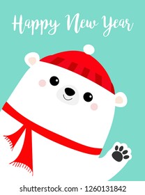 White polar bear waving hand paw print. Red winter hat, scarf. Cute cartoon funny kawaii baby character. Merry Christmas. Happy New Year. Greeting Card. Flat design Blue background Vector illustration