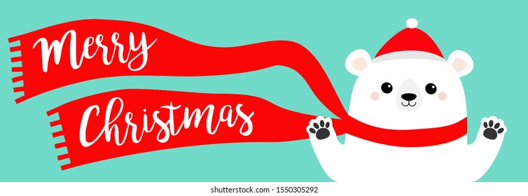 White polar bear waving hand paw print. Merry Christmas banner. Red hat, scarf. Cute cartoon funny kawaii baby character. Happy New Year. Greeting Card. Flat design Blue background Vector illustration