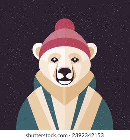 A white polar bear is wearing a jacket and a hat. Vector illustration in geometric style. Design element for posters, prints for clothing, banners, covers, websites, social networks, logo