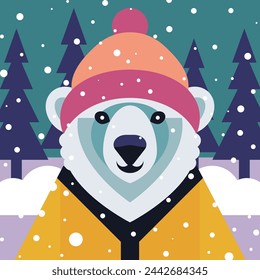 Ein weißer Eisbär trägt eine Jacke und einen Hut. Vektorgrafik im geometrischen Stil. Designelement für Plakate, Abzüge für Kleidung, Banner, Cover, Websites, soziale Netzwerke, Logo