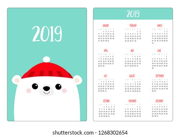 White polar bear wearing red hat. Simple pocket calendar layout 2019 new year. Week starts Sunday.  Vector